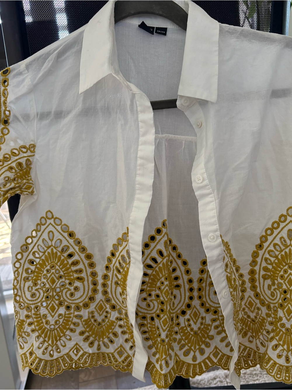 White Embroidered Button-Up Shirt with Gold Detail